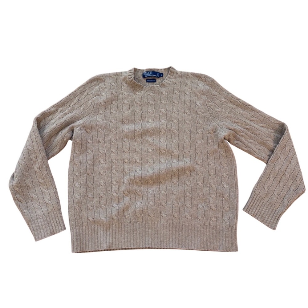 Polo Ralph Lauren Men Large Tan Beige 100% Cashmere Cable Knit Crewneck Sweater